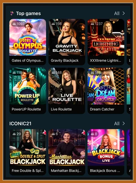 Live-Spiele in der mobilen App-Ansicht Live-Lobby mit Top games wie Gates of Olympus Roulette und Gravity Blackjack, darunter Iconic21