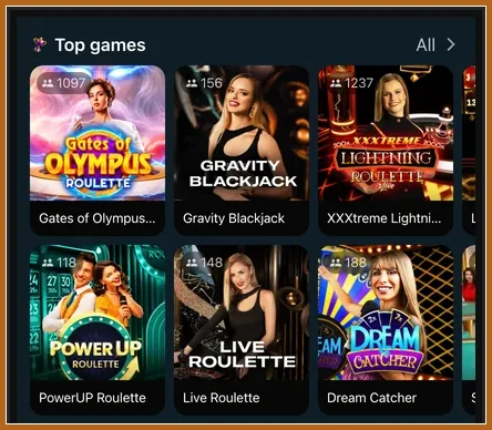 Mobile Spielauswahl mit Zuschauerzahlen Sechs Live-Kacheln unter Top games: Lightning Roulette, PowerUP Roulette, Live Roulette, Dream Catcher