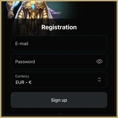 Registrierungsfelder E-Mail, Passwort mit Augensymbol, Währung EUR und grauer Sign-up-Button