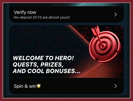 Link Verify now und rote Hero-Karte mit Zielscheibe und Button Spin & win