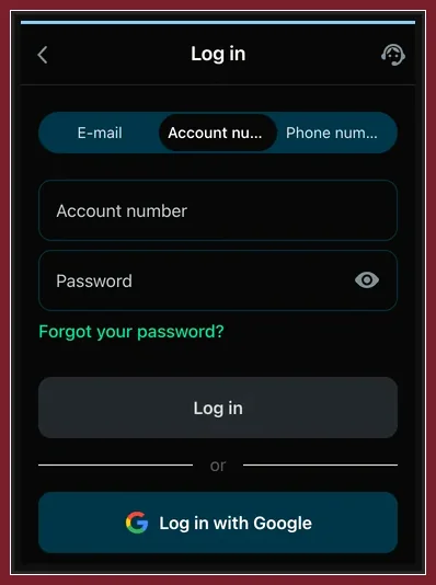 Login-Maske mit Reitern E-Mail und Kontonummer, Passwortfeld, Forgot-Link und Google-Login
