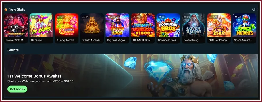 Startseite: Spielautomaten-Auswahl und Event-Bereich Neue Slots wie Forever Split und Dr Zappo, darunter Willkommensbanner mit Button Get bonus