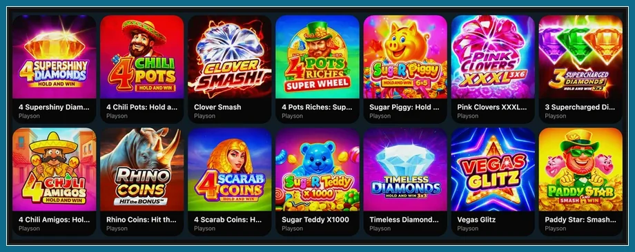 Spielautomaten eines Anbieters in der Slot-Lobby Slot-Raster von Playson mit 4 Chili Pots, Clover Smash, Rhino Coins und Vegas Glitz