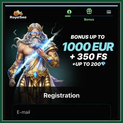 Kopf der Registrierung mit RoyalSea-Logo, Bonusbanner und leerem E-Mail-Feld