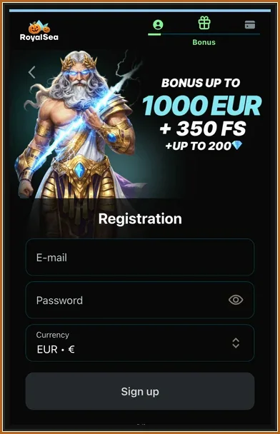 Registrierung mit Banner 1000 EUR plus 350 FS, Feldern E-Mail, Passwort, Währung, Sign up