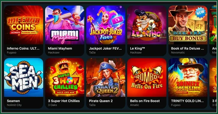 Slot-Auswahl verschiedener Entwickler Zwei Reihen Spielautomaten mit Inferno Coins, Seamen, Pirate Queen 2, Book of Ra Deluxe