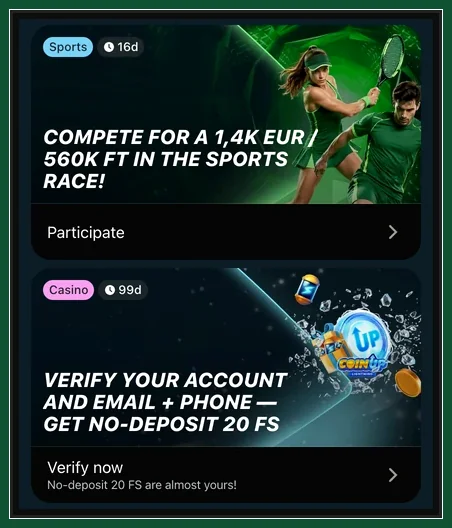 Sport-Aktionskarte mit Tennisspielern und darunter Casino-Karte zur Kontoverifizierung