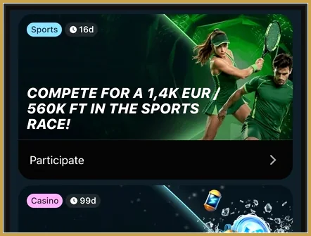 Sports-Karte mit Laufzeit 16d, Tennisspielern und Button Participate, darunter Casino-Karte
