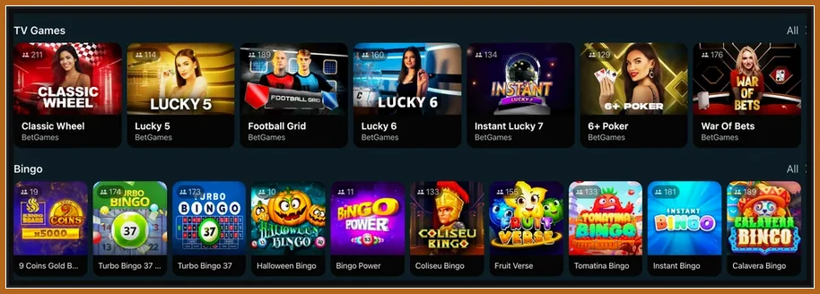 Weitere Spielkategorien auf der Startseite Bereiche TV Games mit BetGames-Titeln und Bingo mit Kacheln wie Turbo Bingo