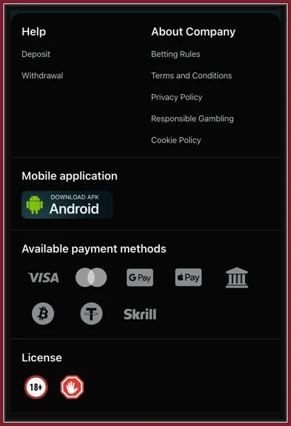 Footer mit Deposit, Withdrawal, Android-APK-Button und Zahlungsicons wie Visa, Skrill, Bitcoin